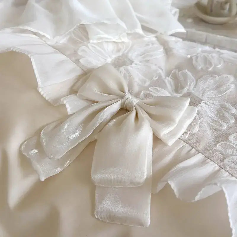 White satin french lace ruffles bedding set for bedroom