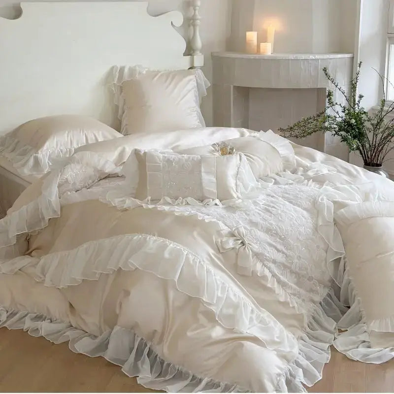 White satin french lace ruffles bedding set for bedroom