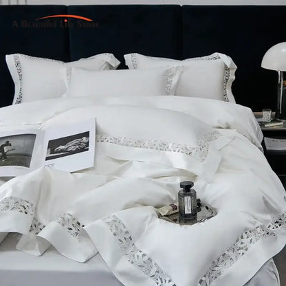 White satin lace 1200tc egyptian cotton bedding set bedroom