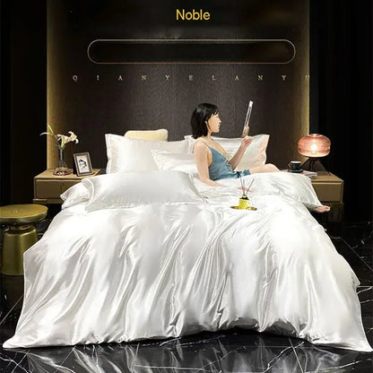 White satin silk blend duvet cover set bedroom bedspread