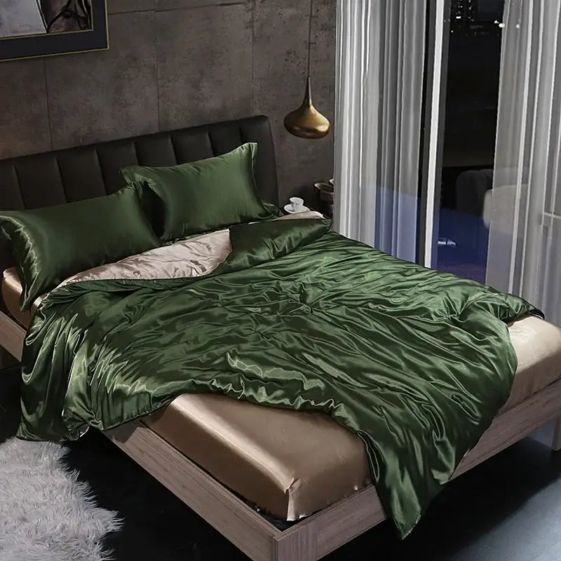 White satin silk blend duvet cover set bedroom bedspread