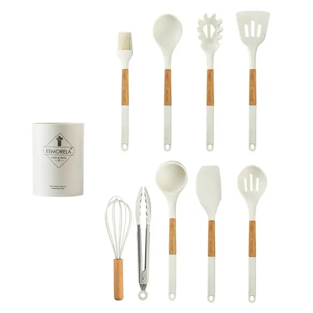 White silicone kitchen cookware set with wooden handles and holder