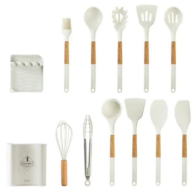 White silicone kitchen cookware set with wooden handles and holder