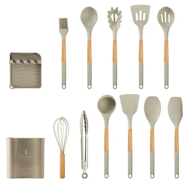 White silicone kitchen cookware set with wooden handles and holder