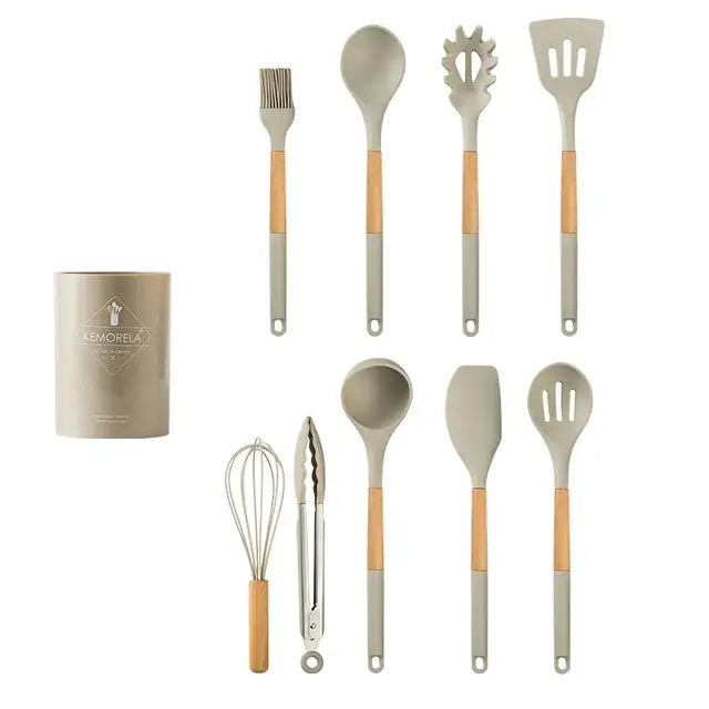 White silicone kitchen cookware set with wooden handles and holder