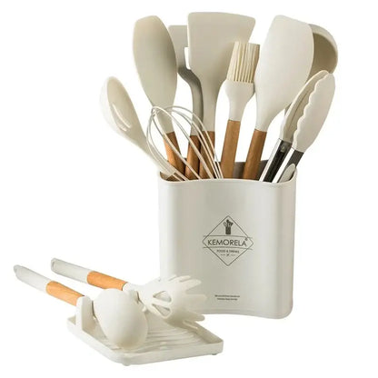 White silicone kitchen cookware set with wooden handles and holder