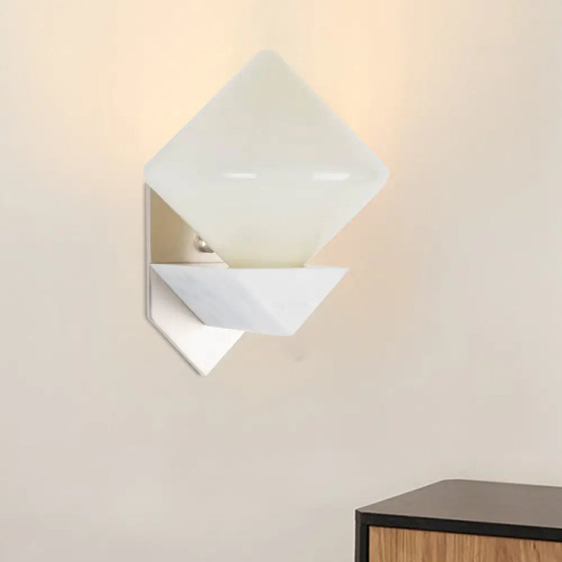 DecorBites™ White Triangle Wall Mount Lighting Marble Wall Sconce with Diamond Opal Glass Shade - Designer 1 Bulb