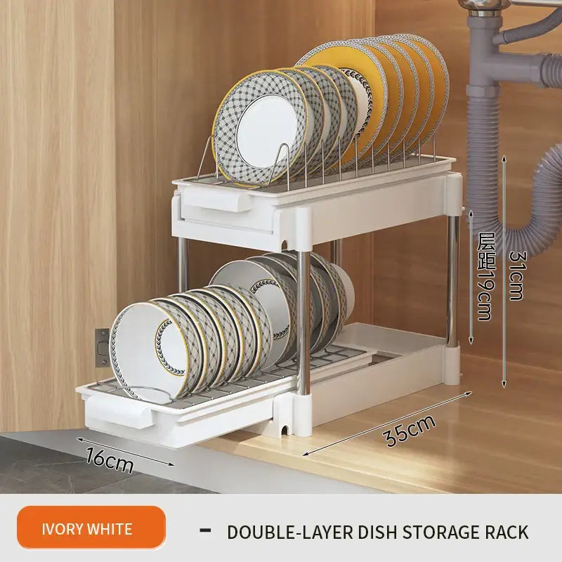 White two tier sliding drawer organizer kitchen storage rack
