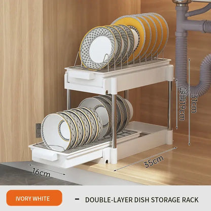 White two tier sliding drawer organizer kitchen storage rack