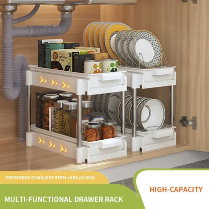 White two tier sliding drawer organizer kitchen storage rack