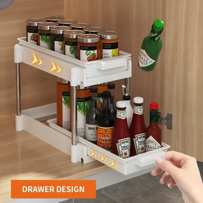 White two tier sliding drawer organizer kitchen storage rack