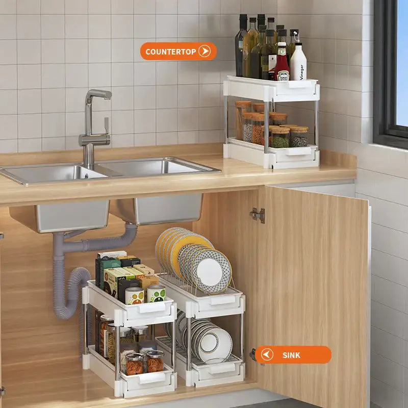 White two tier sliding drawer organizer kitchen storage rack
