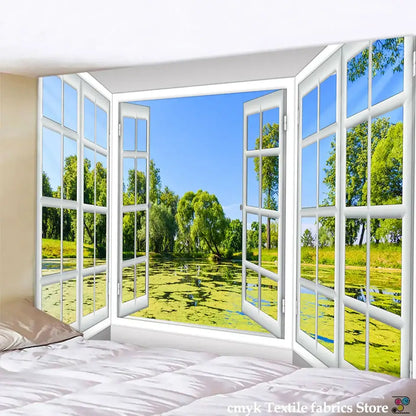 White window landscape wall tapestry bedroom scenic 3d view
