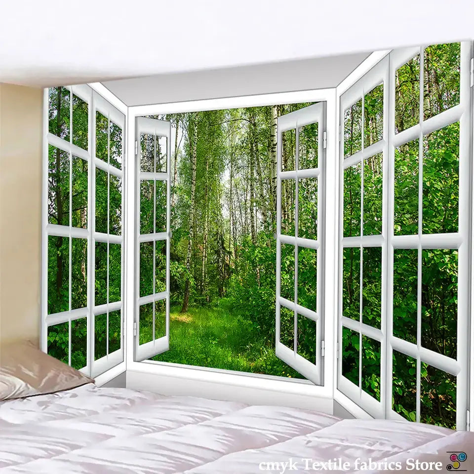 White window landscape wall tapestry bedroom scenic 3d view