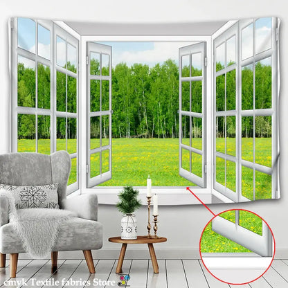 White window landscape wall tapestry bedroom scenic 3d view