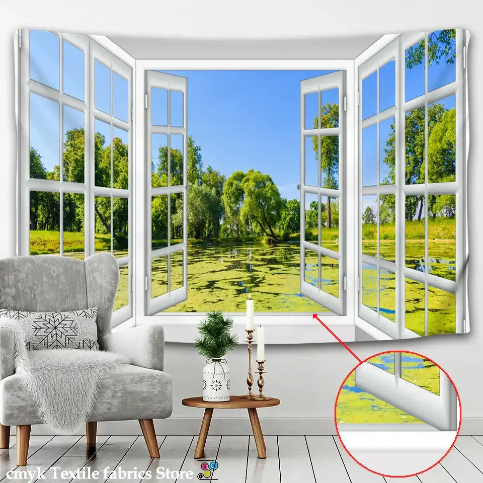 White window landscape wall tapestry bedroom scenic 3d view