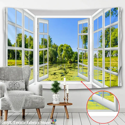 White window landscape wall tapestry bedroom scenic 3d view