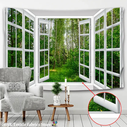 White window landscape wall tapestry bedroom scenic 3d view