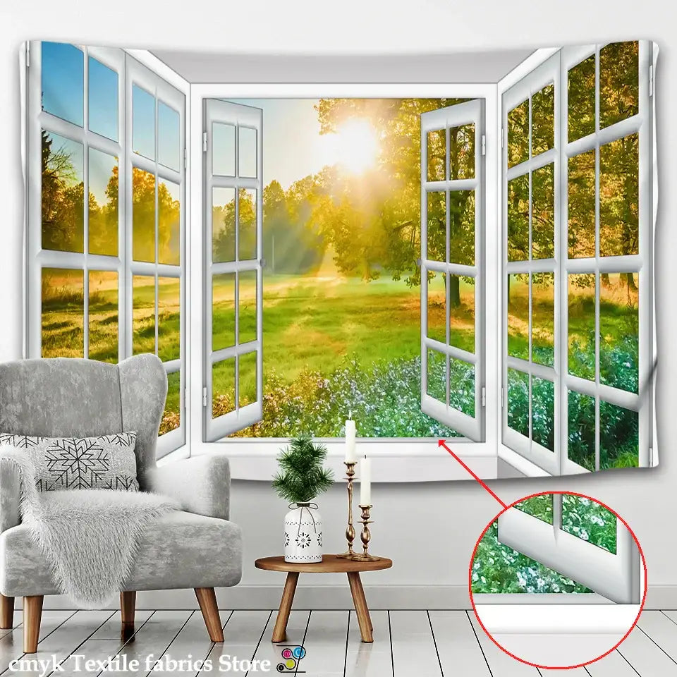 White window landscape wall tapestry bedroom scenic 3d view