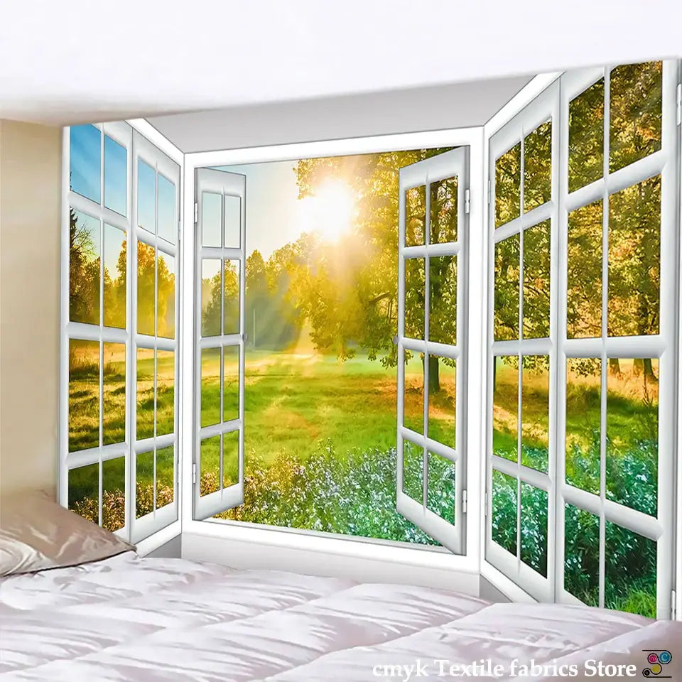 White window landscape wall tapestry bedroom scenic 3d view