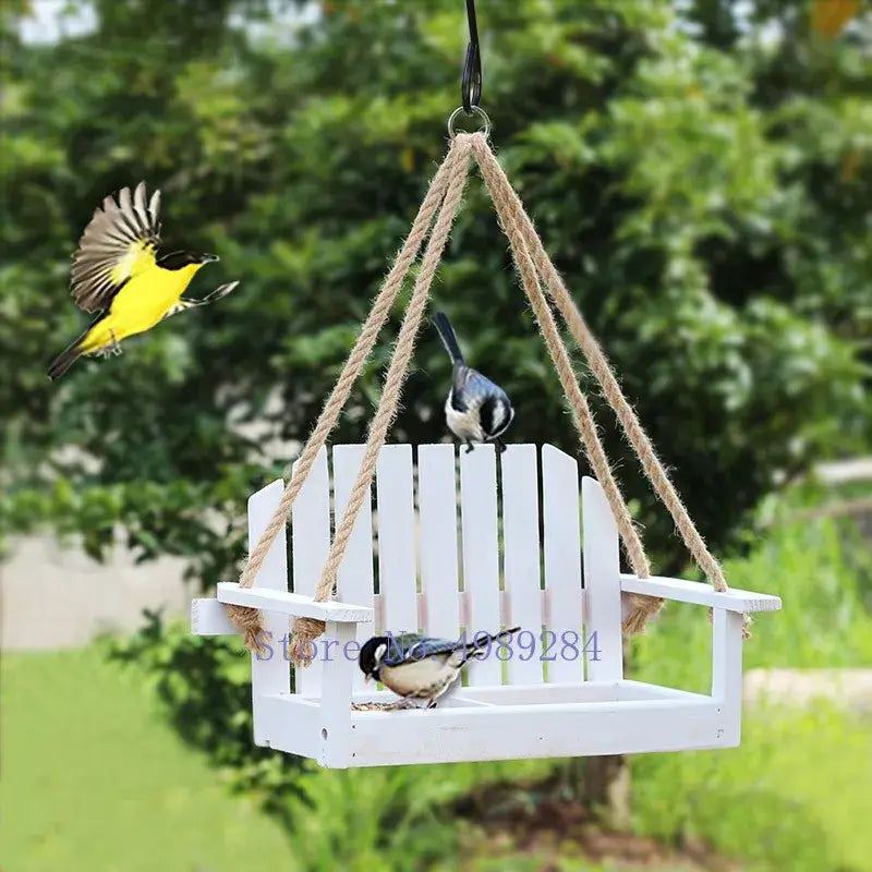 White wooden adirondack bird feeder chair garden decor