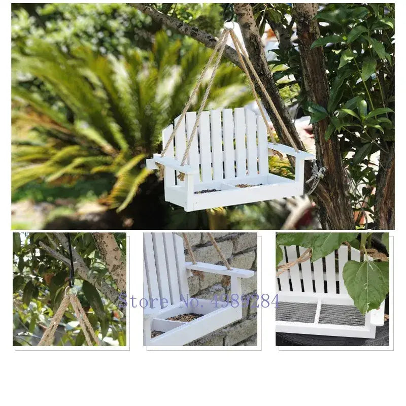 White wooden adirondack bird feeder chair garden decor