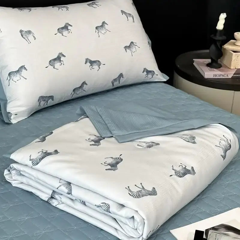 White zebra print cool silk summer quilt set bedroom bedding