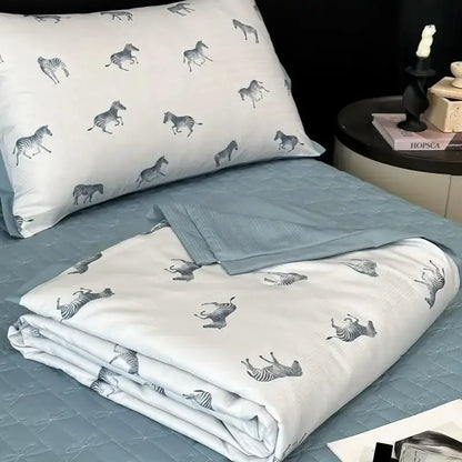 White zebra print cool silk summer quilt set bedroom bedding