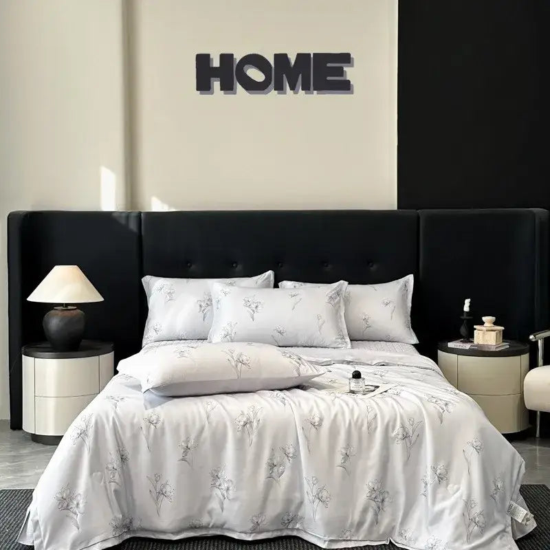 White zebra print cool silk summer quilt set bedroom bedding