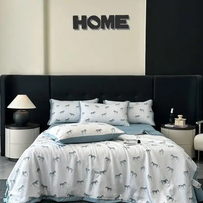White zebra print cool silk summer quilt set bedroom bedding