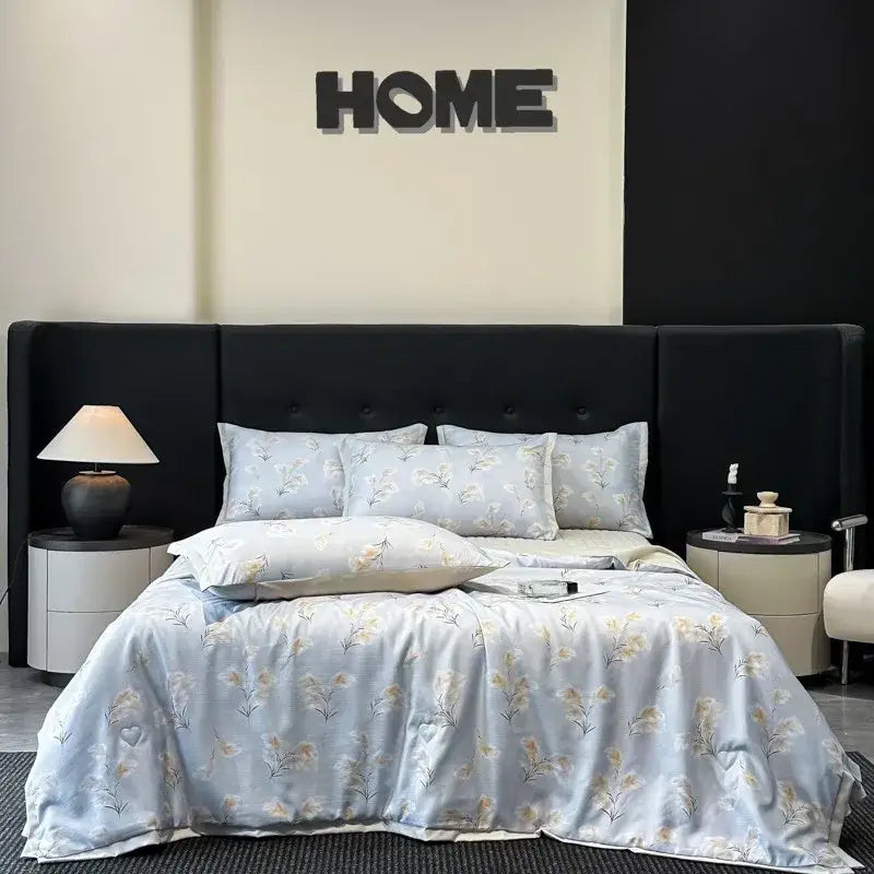 White zebra print cool silk summer quilt set bedroom bedding