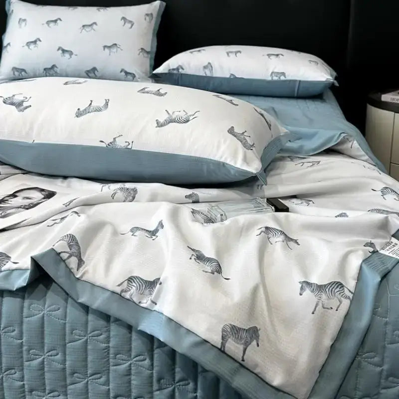 White zebra print cool silk summer quilt set bedroom bedding