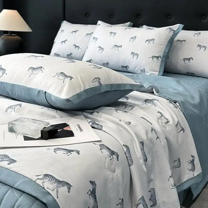 White zebra print cool silk summer quilt set bedroom bedding