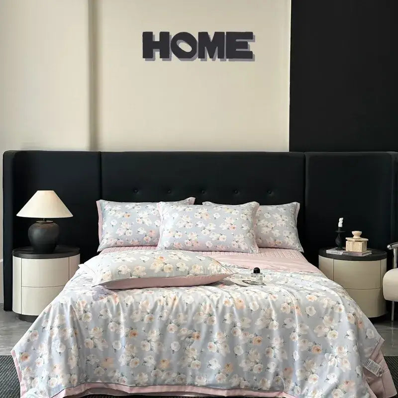 White zebra print cool silk summer quilt set bedroom bedding