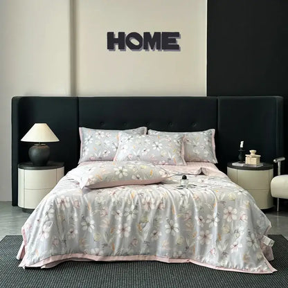 White zebra print cool silk summer quilt set bedroom bedding
