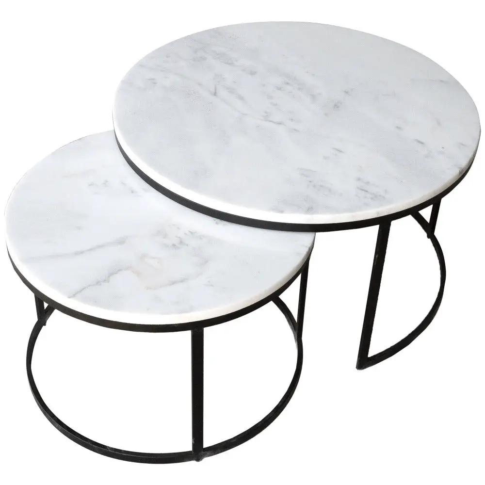 Genuine Carrara White Marble Round Nesting Coffee Table Set of 2