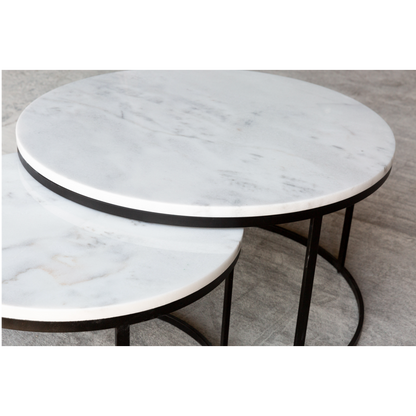Genuine Carrara White Marble Round Nesting Coffee Table Set of 2