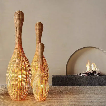 Wicker dark brown bamboo floor lamp living room warm light decor