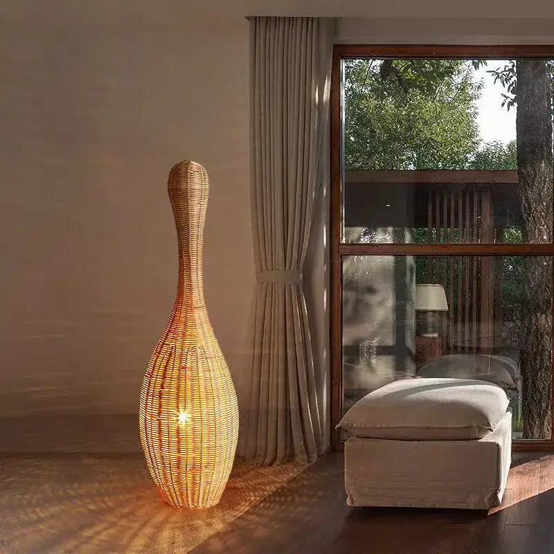 Wicker dark brown bamboo floor lamp living room warm light decor