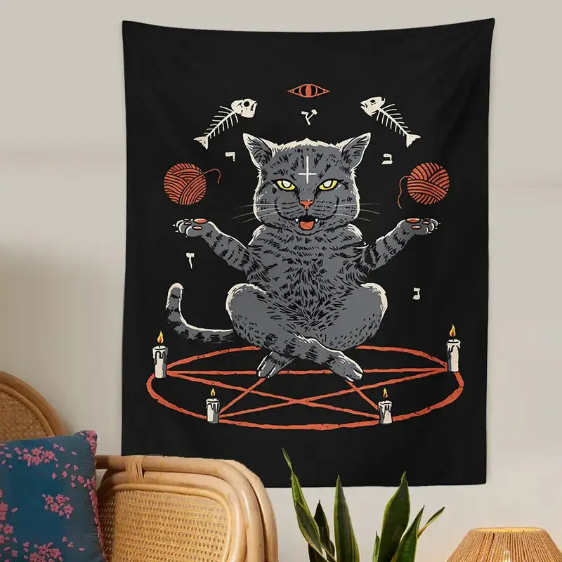 Witchcraft black cat coven tapestry – bedroom wall hanging decor