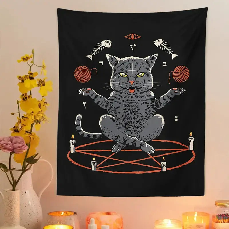 Witchcraft black cat coven tapestry – bedroom wall hanging decor