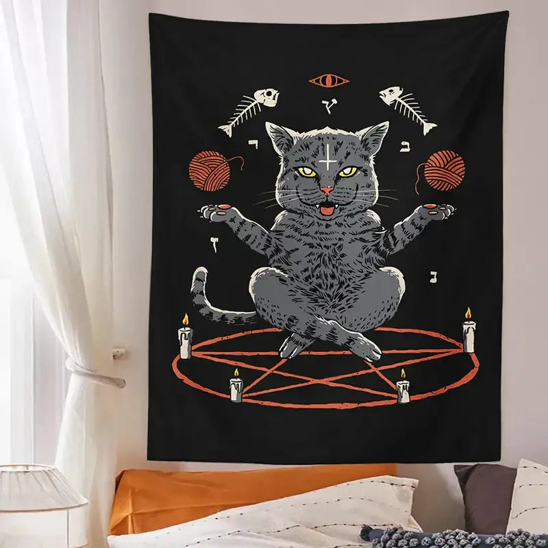 Witchcraft black cat coven tapestry – bedroom wall hanging decor