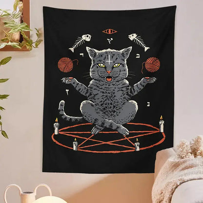 Witchcraft black cat coven tapestry – bedroom wall hanging decor