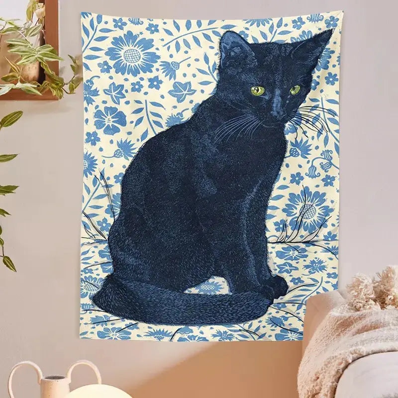 Witchcraft black cat tapestry wall hanging bedroom occult decor
