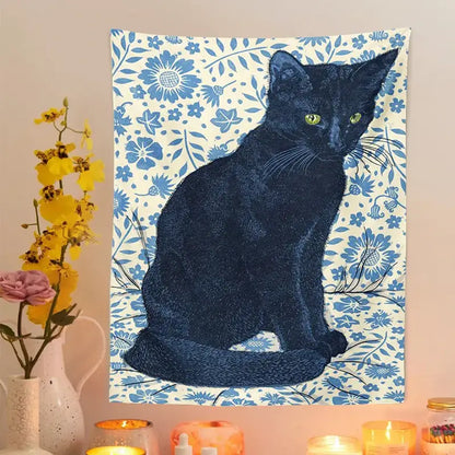 Witchcraft black cat tapestry wall hanging bedroom occult decor