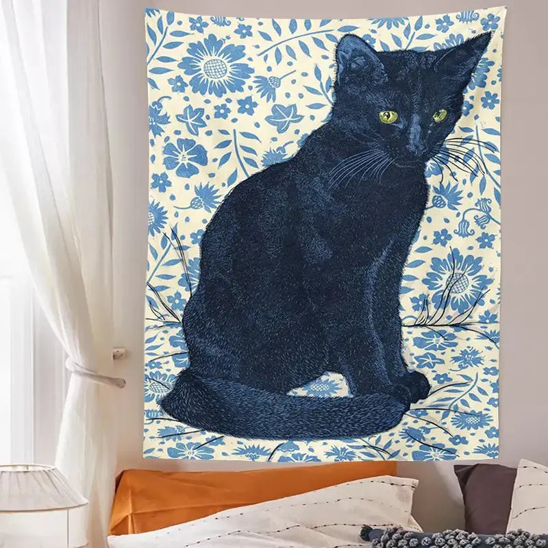 Witchcraft black cat tapestry wall hanging bedroom occult decor