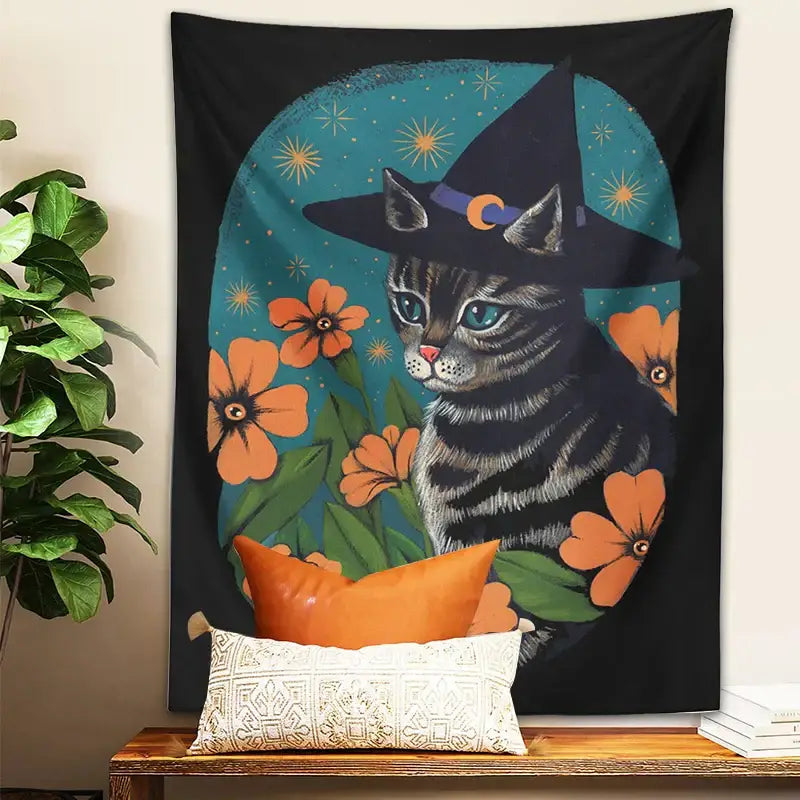 Witchcraft gray tabby cat tapestry wall hanging bedroom decor