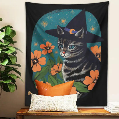 Witchcraft gray tabby cat tapestry wall hanging bedroom decor