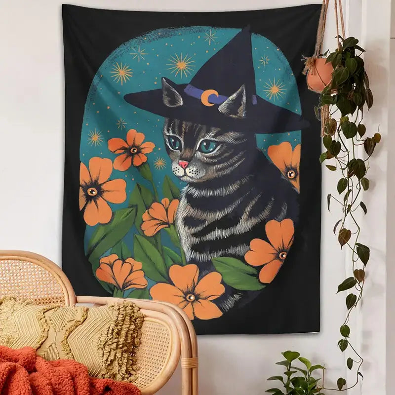 Witchcraft gray tabby cat tapestry wall hanging bedroom decor