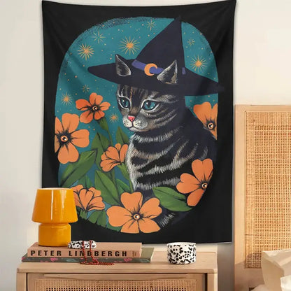 Witchcraft gray tabby cat tapestry wall hanging bedroom decor